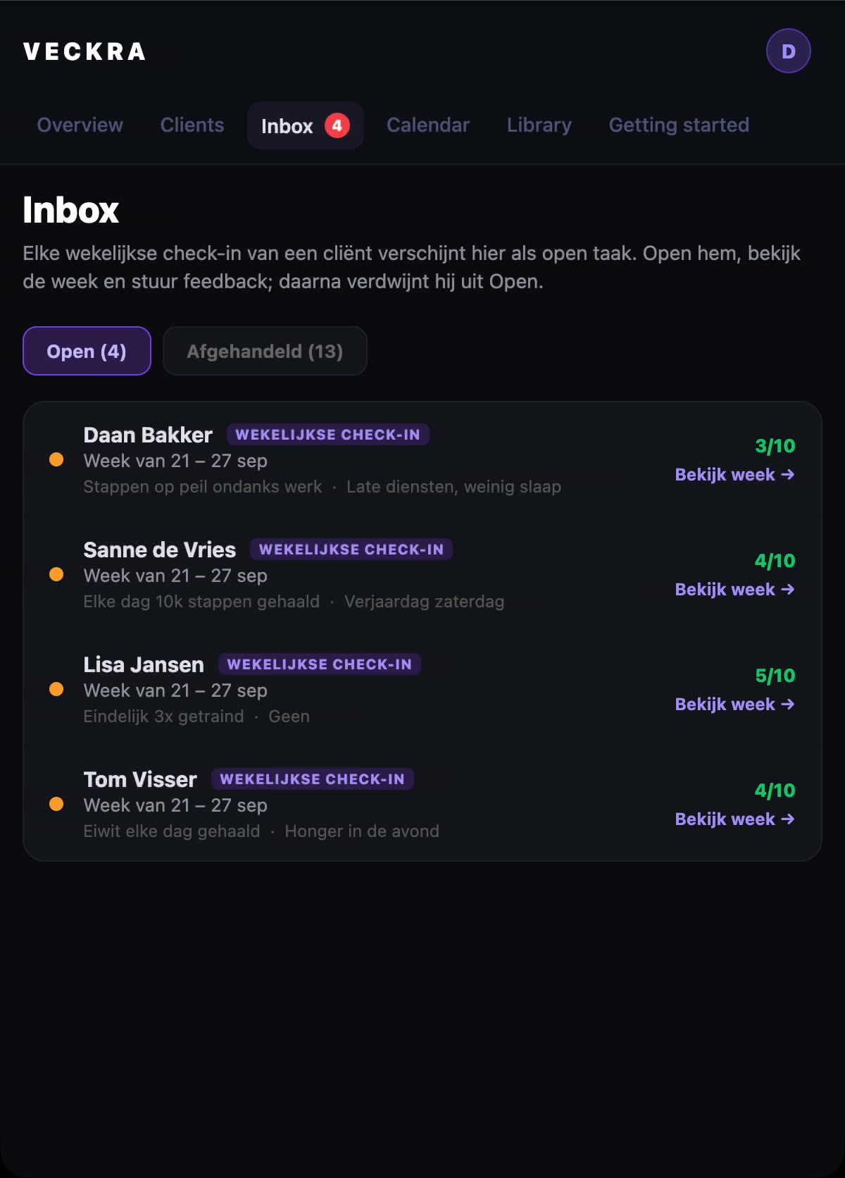Trainer inbox met open wekelijkse check-ins